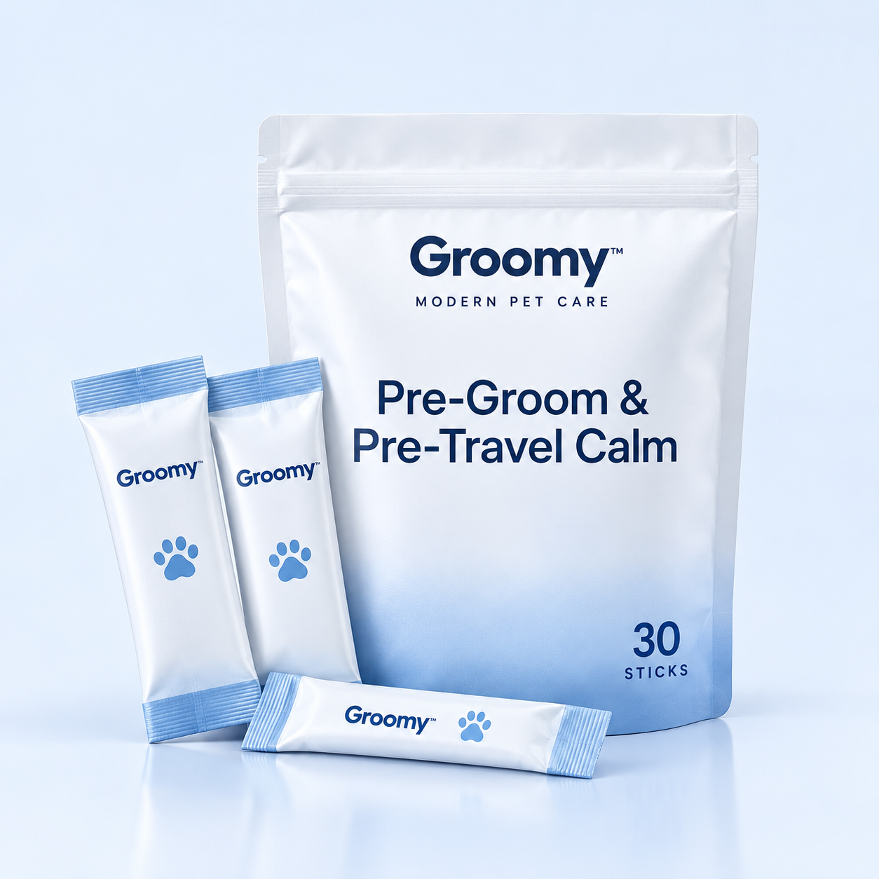 Groomy Pre-Groom & Pre-Travel Calm pouch with three individually sealed stick packs.