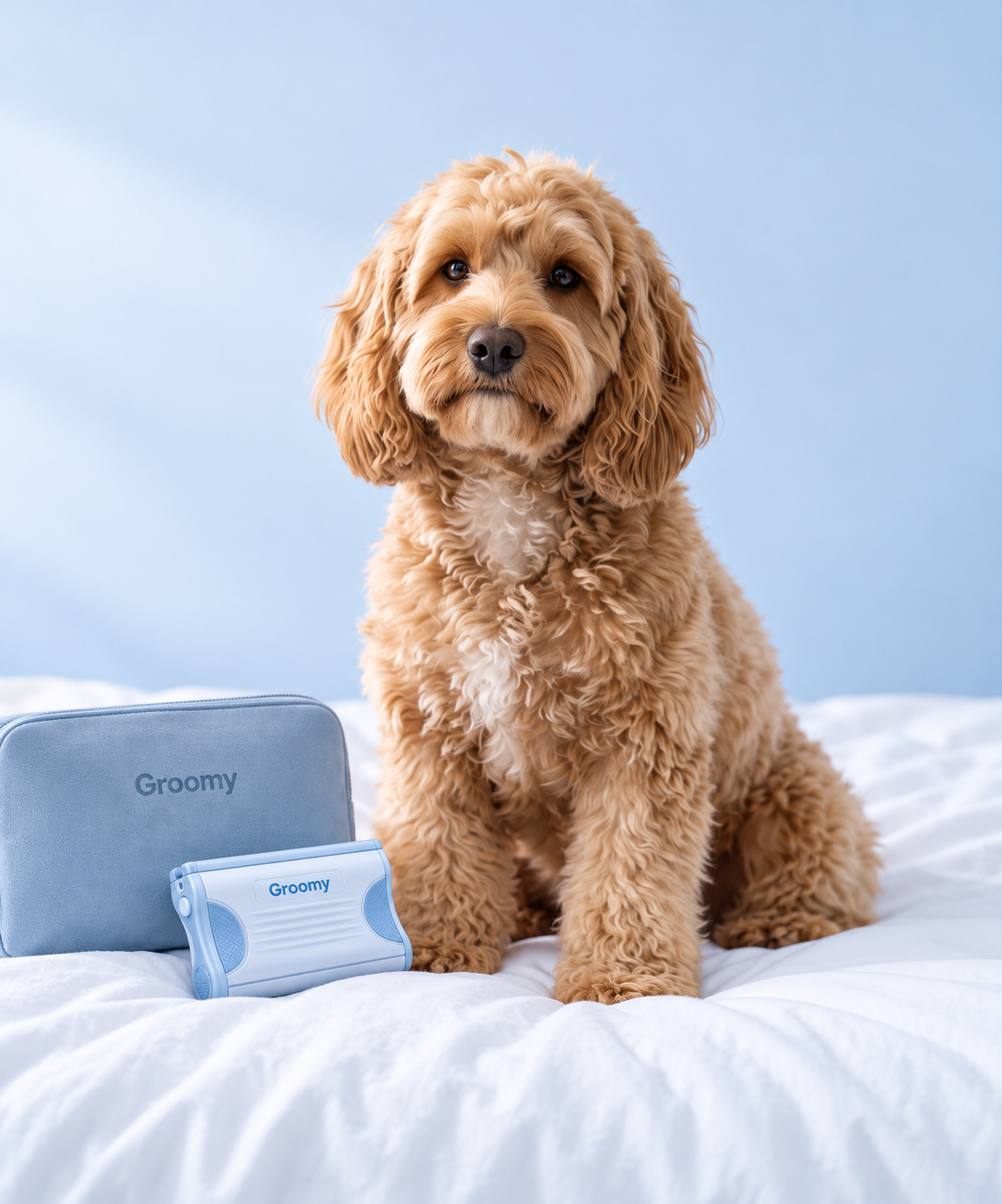 Apricot cockapoo on white bedding beside the palm-sized frosted-blue Groomy handle and suede travel pouch.